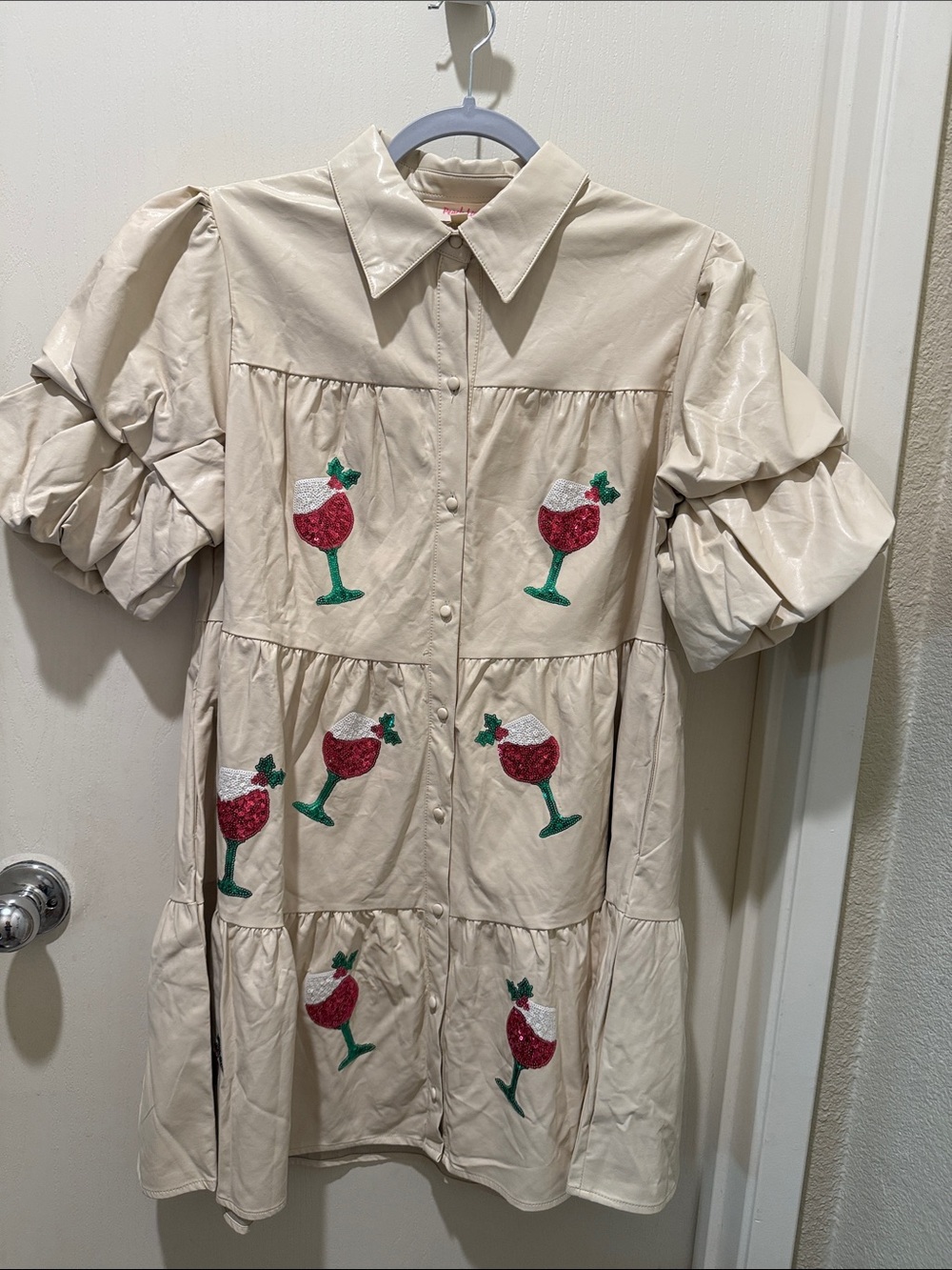Peach Love California Cream Mini Dress with Red & Green Sequin Cocktail Motif